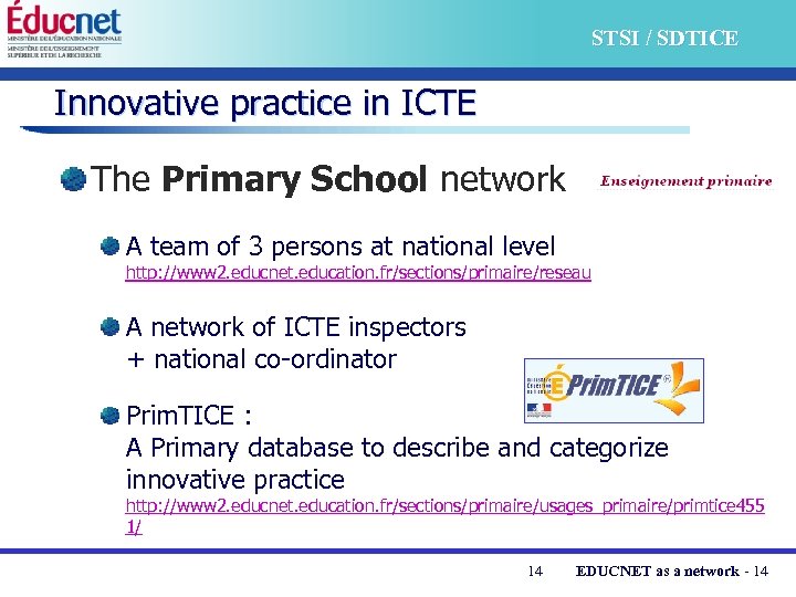 STSI / SDTICE Innovative practice in ICTE The Primary School network A team of