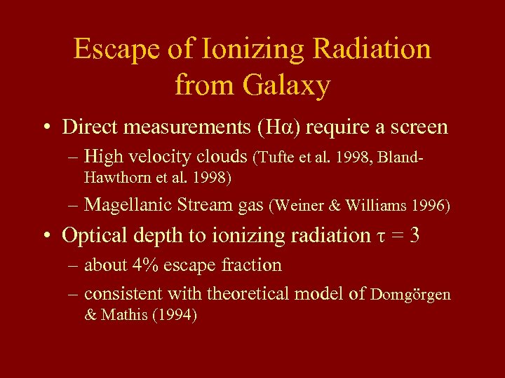 Escape of Ionizing Radiation from Galaxy • Direct measurements (Hα) require a screen –