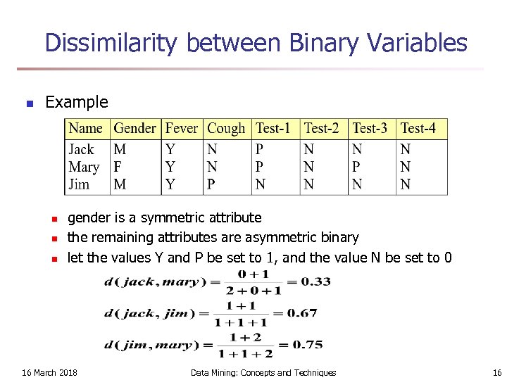 Dissimilarity between Binary Variables n Example n n n gender is a symmetric attribute