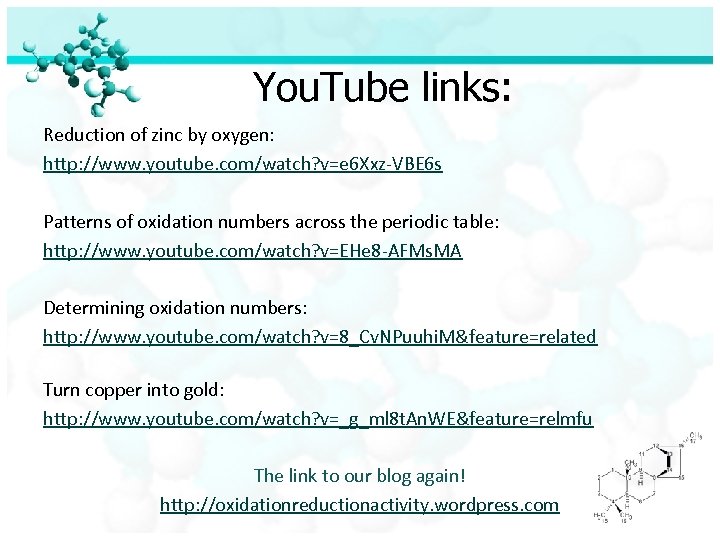 You. Tube links: Reduction of zinc by oxygen: http: //www. youtube. com/watch? v=e 6