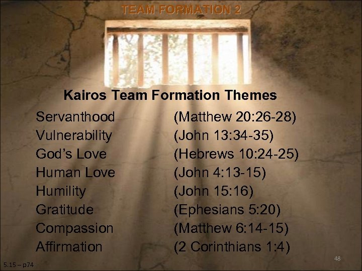 TEAM FORMATION 2 Kairos Team Formation Themes Servanthood Vulnerability God’s Love Human Love Humility