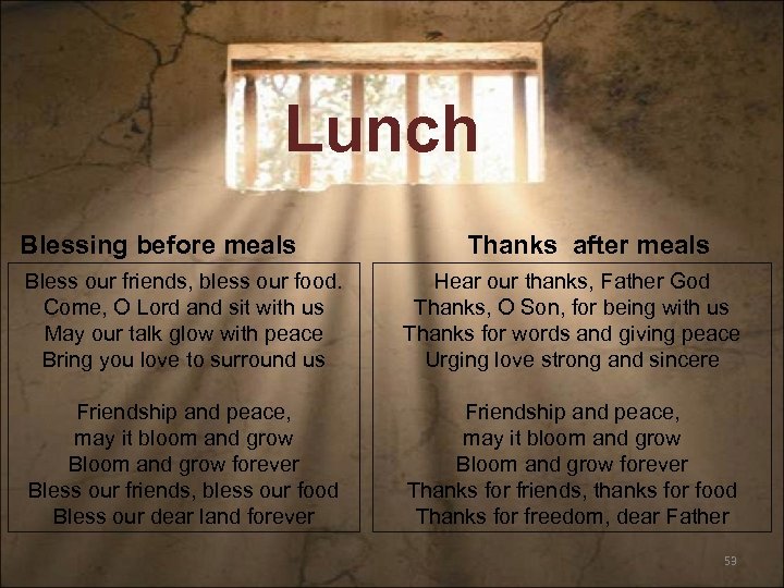 Lunch Blessing before meals Thanks after meals Bless our friends, bless our food. Come,