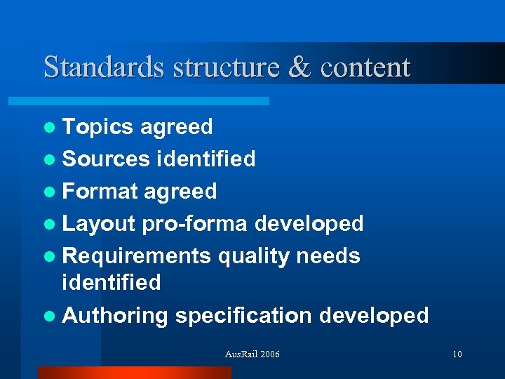 Standards structure & content l Topics agreed l Sources identified l Format agreed l