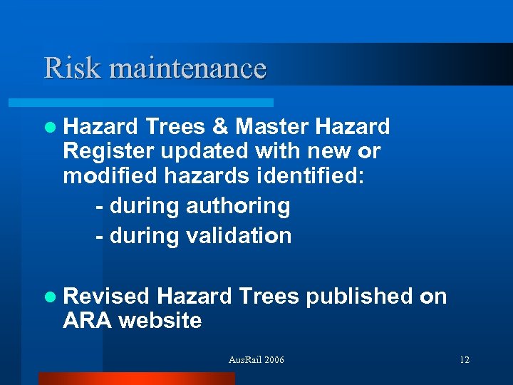 Risk maintenance l Hazard Trees & Master Hazard Register updated with new or modified