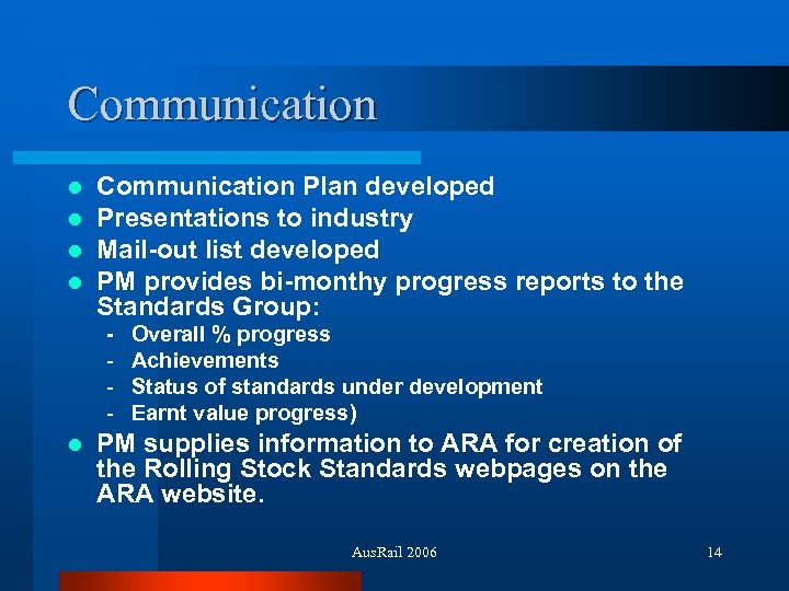 Communication l l Communication Plan developed Presentations to industry Mail-out list developed PM provides