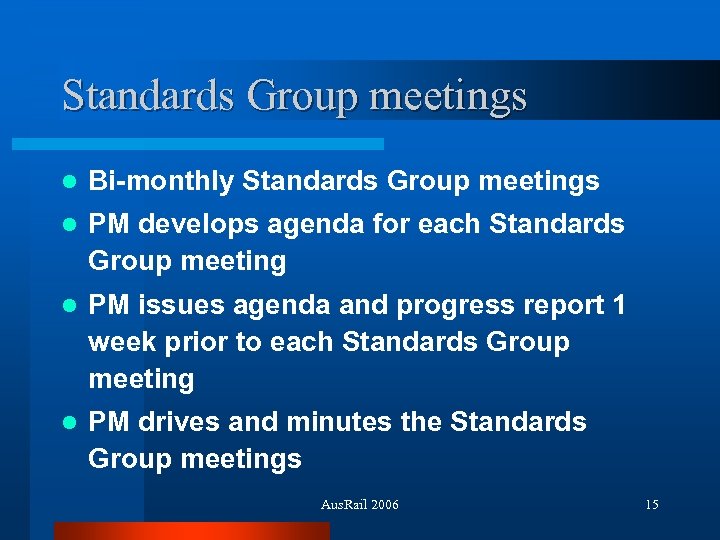 Standards Group meetings l Bi-monthly Standards Group meetings l PM develops agenda for each