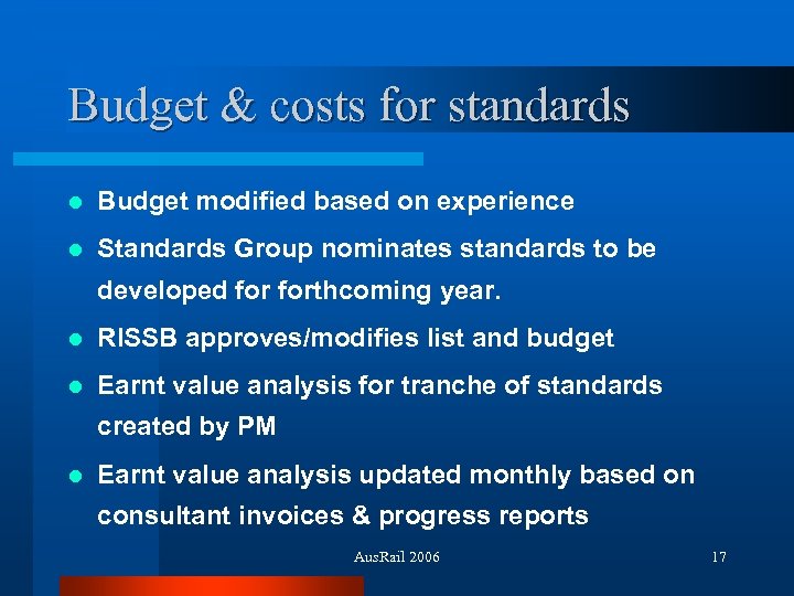 Budget & costs for standards l Budget modified based on experience l Standards Group