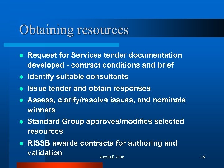 Obtaining resources l Request for Services tender documentation developed - contract conditions and brief
