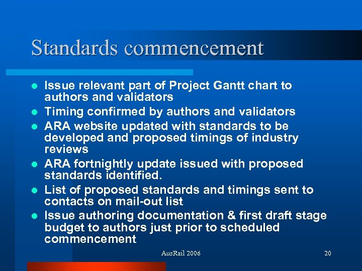 Standards commencement l l l Issue relevant part of Project Gantt chart to authors
