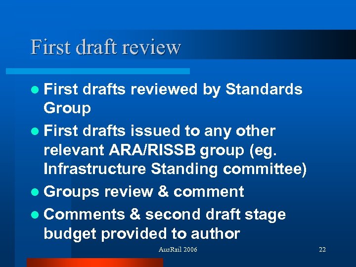 First draft review l First drafts reviewed by Standards Group l First drafts issued