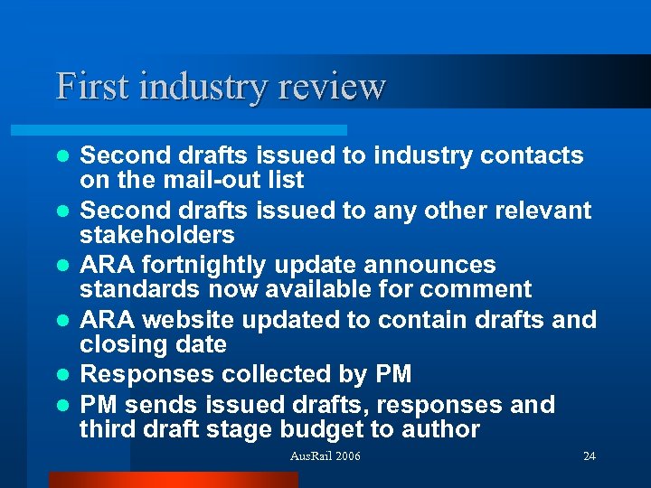 First industry review l l l Second drafts issued to industry contacts on the