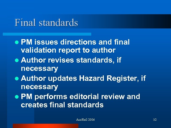 Final standards l PM issues directions and final validation report to author l Author