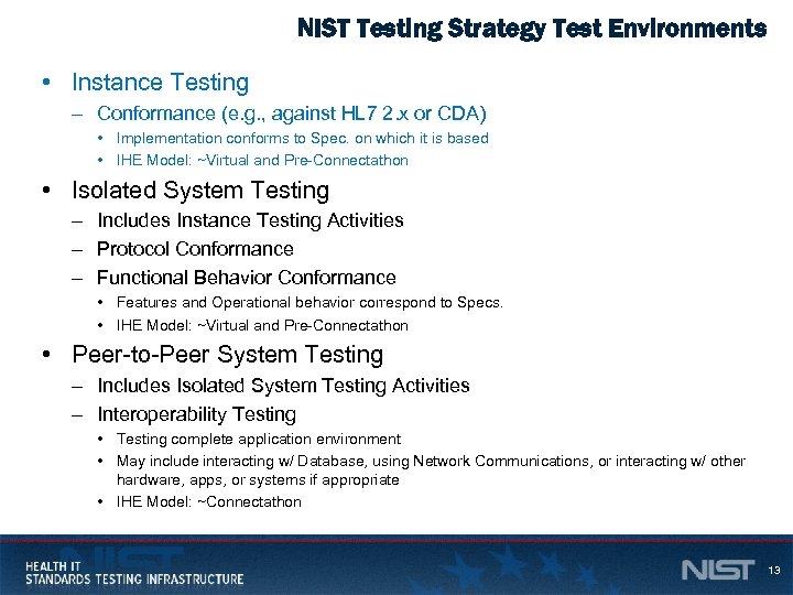 NIST Testing Strategy Test Environments • Instance Testing – Conformance (e. g. , against