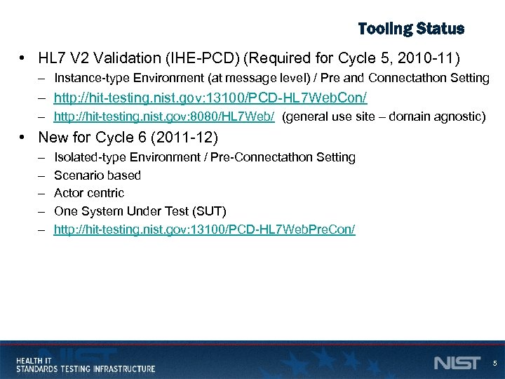 Tooling Status • HL 7 V 2 Validation (IHE-PCD) (Required for Cycle 5, 2010