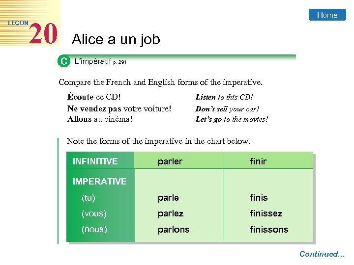 LEÇON Home 20 Alice a un job C L’impératif p. 291 Compare the French
