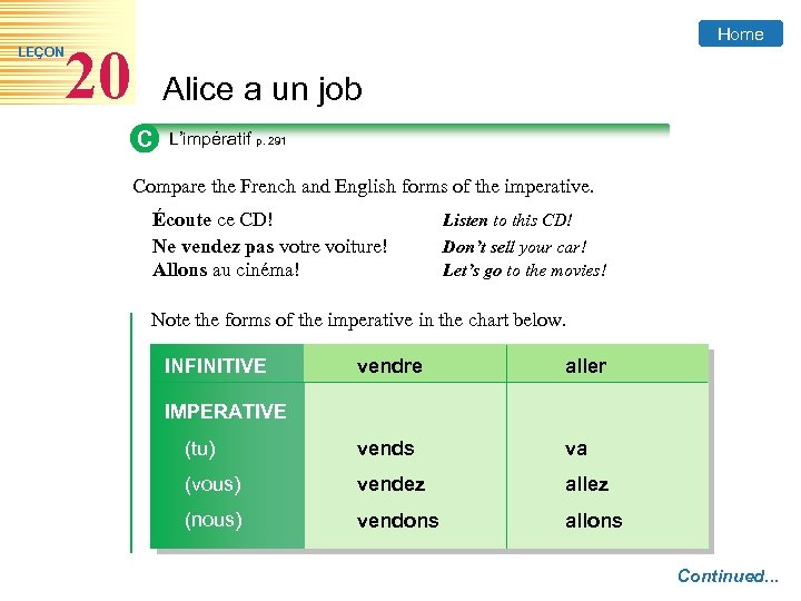 LEÇON Home 20 Alice a un job C L’impératif p. 291 Compare the French