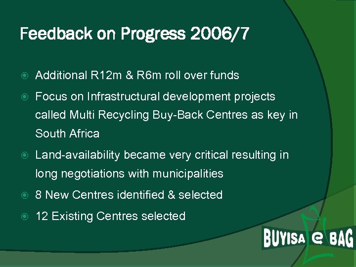 Feedback on Progress 2006/7 Additional R 12 m & R 6 m roll over