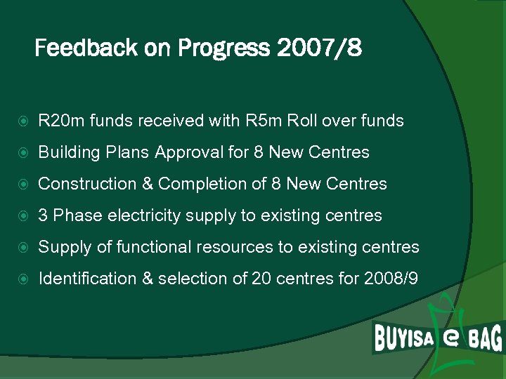 Feedback on Progress 2007/8 R 20 m funds received with R 5 m Roll
