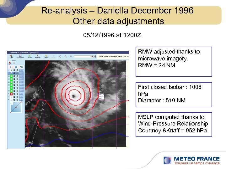 Re-analysis – Daniella December 1996 Other data adjustments 05/12/1996 at 1200 Z RMW adjusted