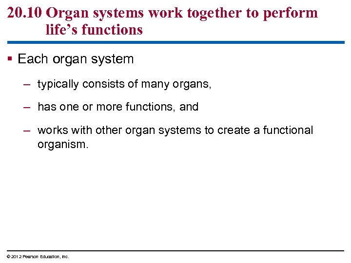 20. 10 Organ systems work together to perform life’s functions § Each organ system