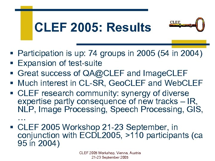 CLEF 2005: Results § § § Participation is up: 74 groups in 2005 (54