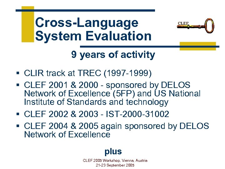 Cross-Language System Evaluation 9 years of activity § CLIR track at TREC (1997 -1999)