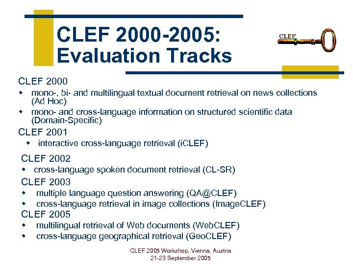 CLEF 2000 -2005: Evaluation Tracks CLEF 2000 w mono-, bi- and multilingual textual document