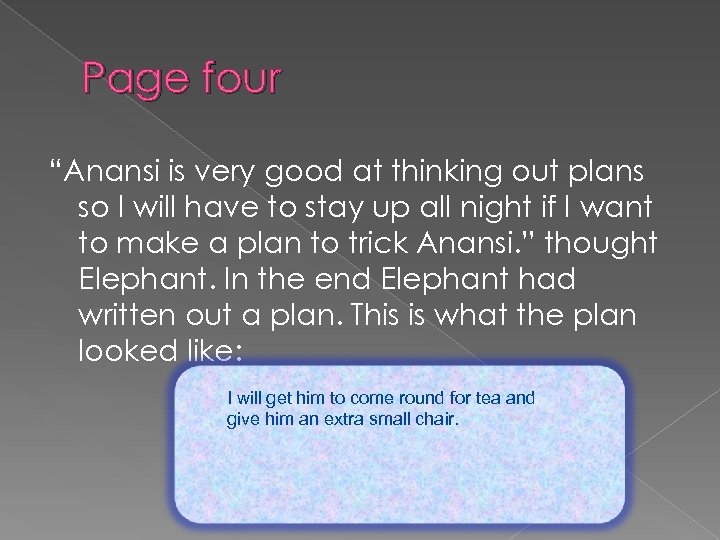 Page four “Anansi is very good at thinking out plans so I will have