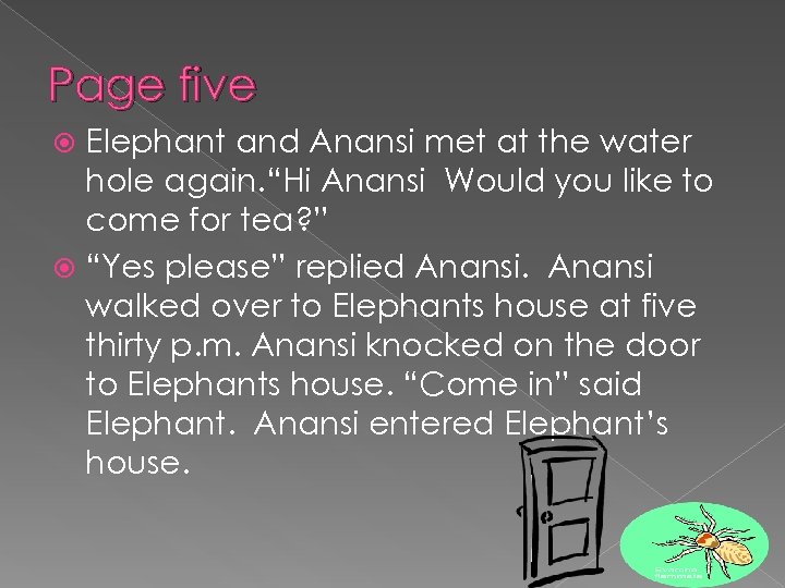 Page five Elephant and Anansi met at the water hole again. “Hi Anansi Would
