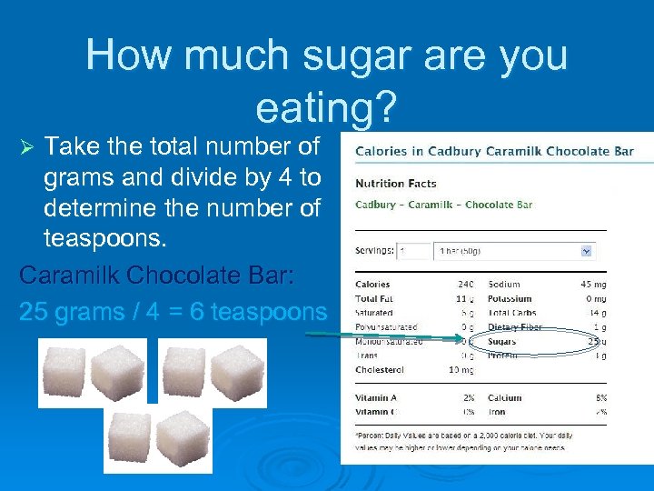 How much sugar are you eating? Take the total number of grams and divide