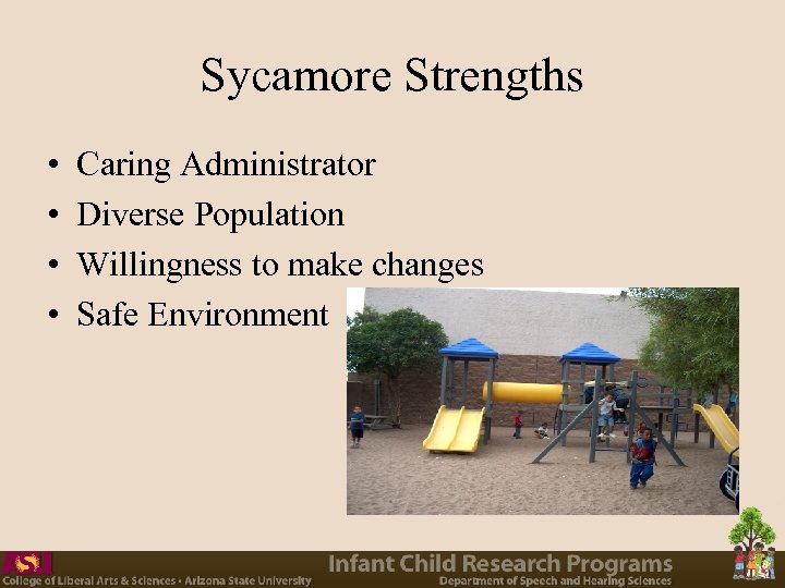 Sycamore Strengths • • Caring Administrator Diverse Population Willingness to make changes Safe Environment