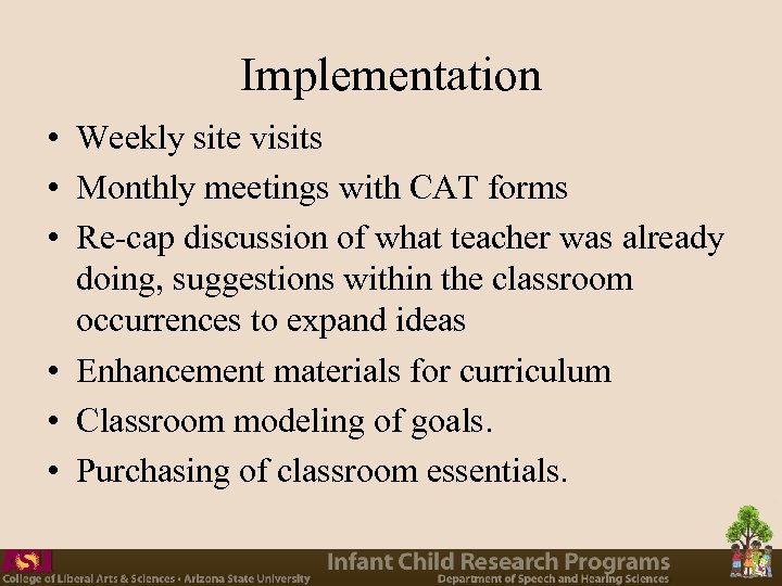 Implementation • Weekly site visits • Monthly meetings with CAT forms • Re-cap discussion