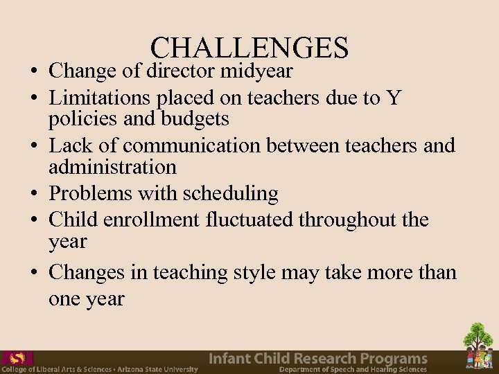CHALLENGES • Change of director midyear • Limitations placed on teachers due to Y