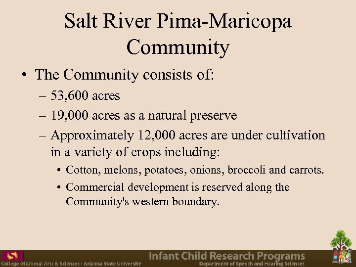 Salt River Pima-Maricopa Community • The Community consists of: – 53, 600 acres –