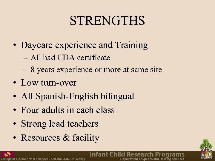 STRENGTHS • Daycare experience and Training – All had CDA certificate – 8 years