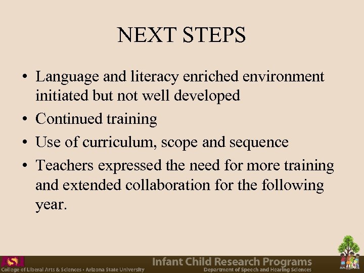 NEXT STEPS • Language and literacy enriched environment initiated but not well developed •