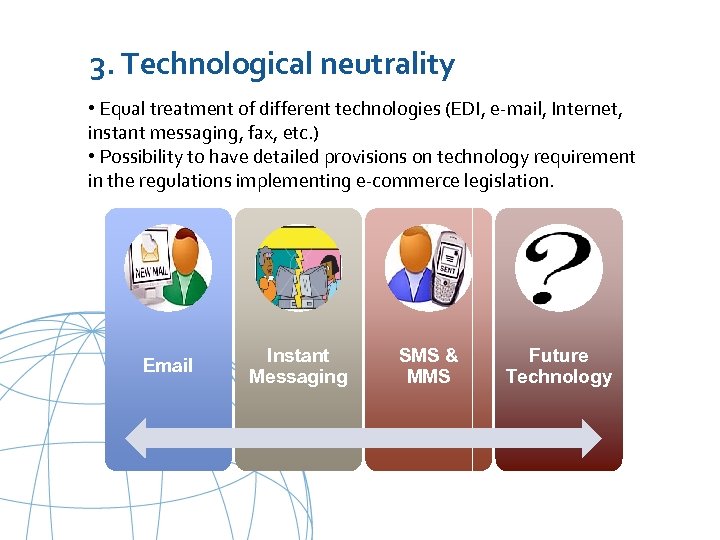 3. Technological neutrality • Equal treatment of different technologies (EDI, e-mail, Internet, instant messaging,