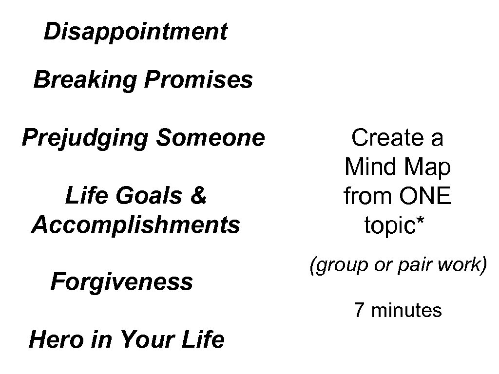 Disappointment Breaking Promises Prejudging Someone Life Goals & Accomplishments Forgiveness Create a Mind Map