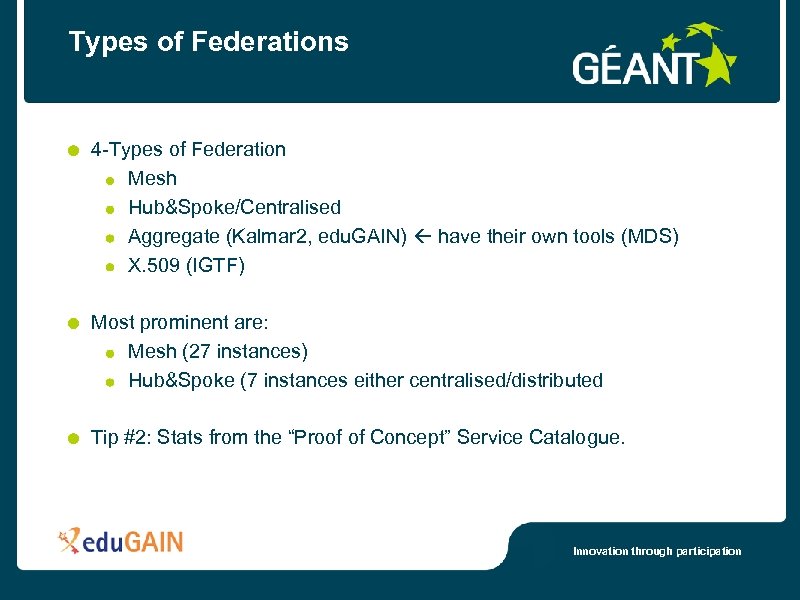 Types of Federations 4 -Types of Federation Mesh Hub&Spoke/Centralised Aggregate (Kalmar 2, edu. GAIN)