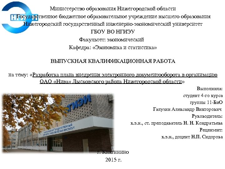 Министерство образования Нижегородской области Государственное бюджетное образовательное учреждение высшего образования Нижегородский государственный инженерно-экономический университет