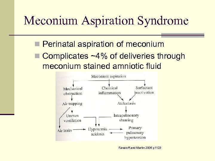 Meconium Aspiration Syndrome n Perinatal aspiration of meconium n Complicates ~4% of deliveries through