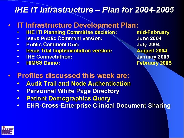 IHE IT Infrastructure – Plan for 2004 -2005 • IT Infrastructure Development Plan: •