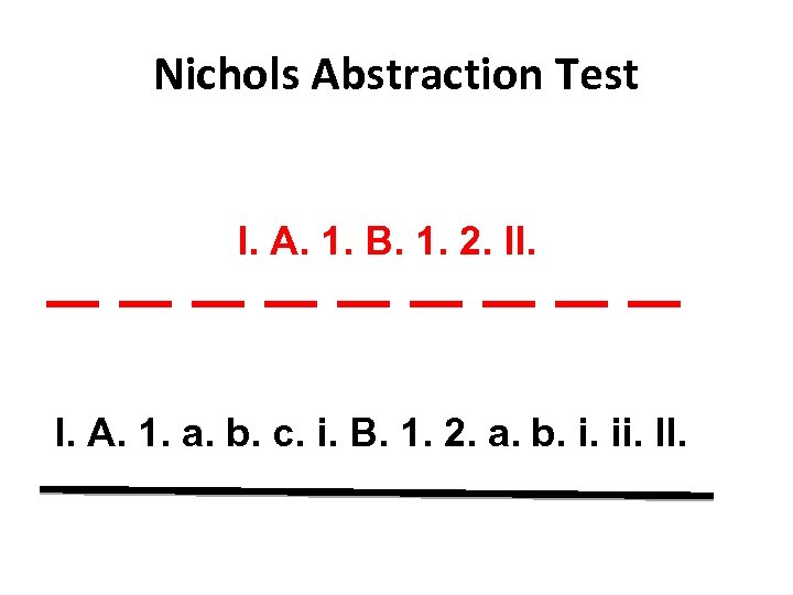 Nichols Abstraction Test I. A. 1. B. 1. 2. II. I. A. 1. a.