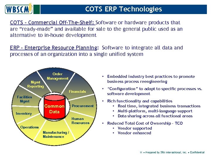 COTS ERP Technologies COTS - Commercial Off-The-Shelf: Software or hardware products that are “ready-made”