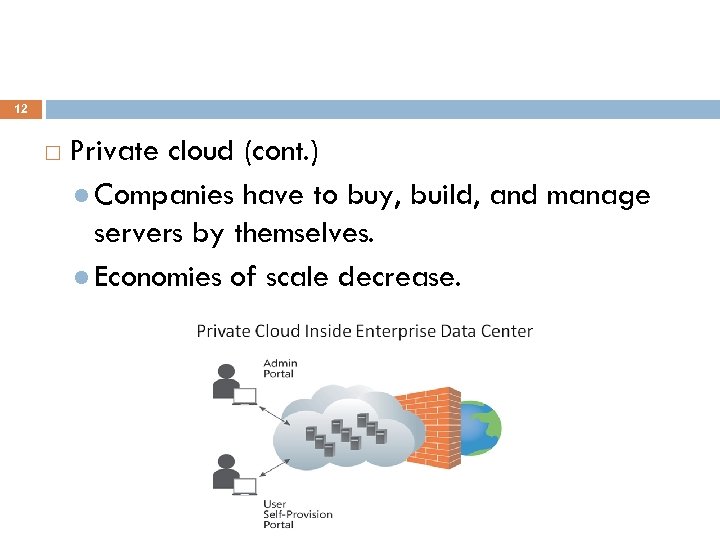 12 Private cloud (cont. ) l Companies have to buy, build, and manage servers