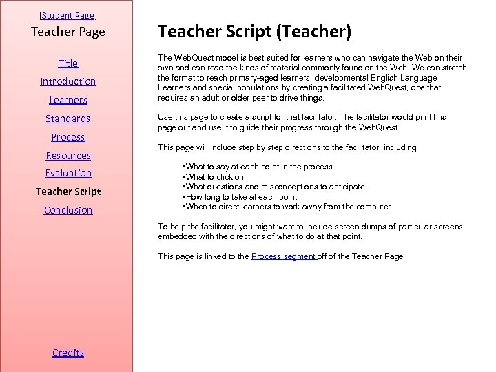 [Student Page] Teacher Page Title Introduction Learners Standards Process Resources Evaluation Teacher Script Conclusion