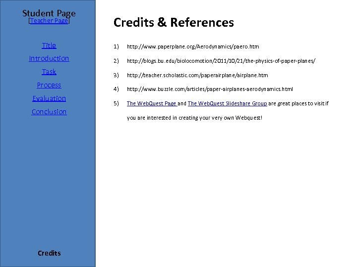 Student Page [Teacher Page] Credits & References Title 1) http: //www. paperplane. org/Aerodynamics/paero. htm