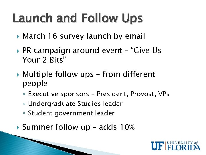 Launch and Follow Ups March 16 survey launch by email PR campaign around event