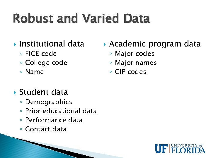 Robust and Varied Data Institutional data ◦ FICE code ◦ College code ◦ Name