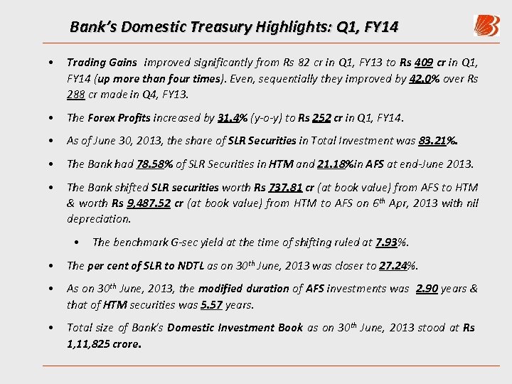 Bank’s Domestic Treasury Highlights: Q 1, FY 14 • Trading Gains improved significantly from